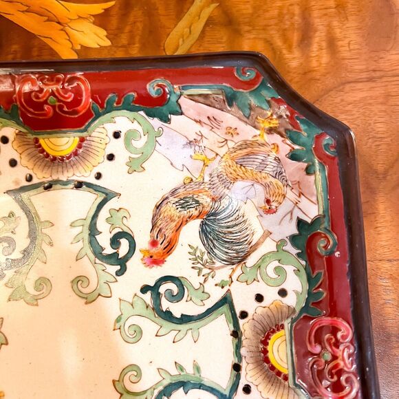 Vintage 8in Chinoiserie Asian Ceramic Rooster Square Plate Red Green Cream - Picture 5 of 8